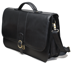 black leather flapover briefbag with buckled strap