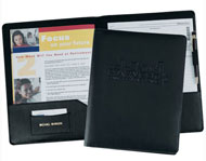 black bonded leather presentation folder with pen loop and card pocket