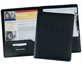 black bonded leather presentation folder with business card pocket and pen loop