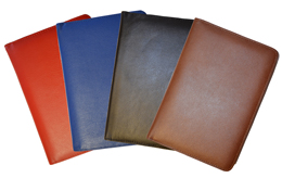 classic leather padfolio covers in red, blue, black, British tan