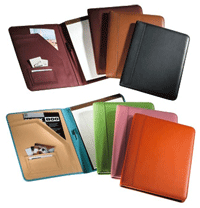 an assortment of leather padfolios in traditional and fashion colors