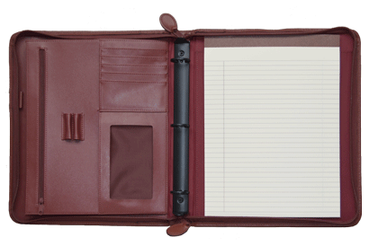 tan leather zippered folio with ring binder