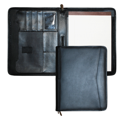 inside and outside views of black top-grain leather zippered padfolios