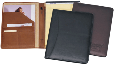 inside and outside views of black, brown and cognac leather letter pad holders