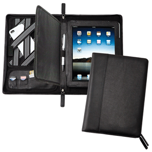 black leather multi purpose iPad folio with accessory holders