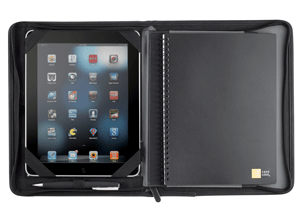 zippered tablet holder with iPad and spiral notebook