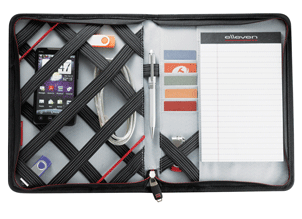 zippered black nylon tablet holder with elastic organizer straps and writing pad