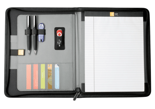 zippered nylon tech holder with legal pad and accessory organizer