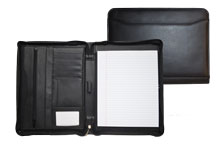 zippered black leather writing pad folio with numerous inside pockets