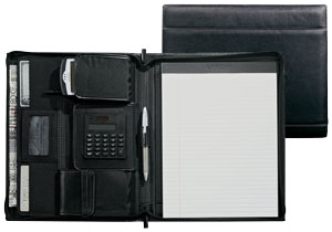 black leather zippered padfolio with integrated calculator and numerous pockets