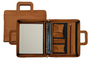 three ring tan leather zippered binder portfolio with handles