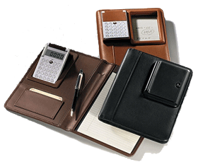 black brown and tan leather junior padholders with flipover calculators