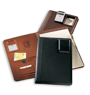 black brown and tan leather legal pad holders with calculators