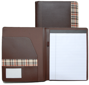 brown bonded leather pad holder trimmed with plaid fabric