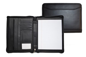 zippered black leather writing pad folio